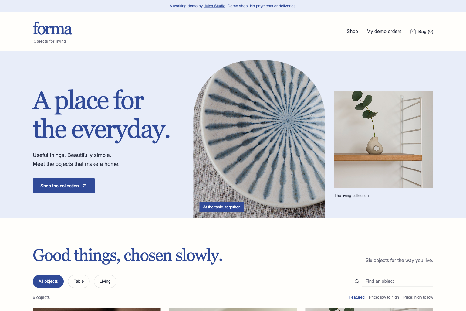 Actual screenshot of the Forma homewares shop