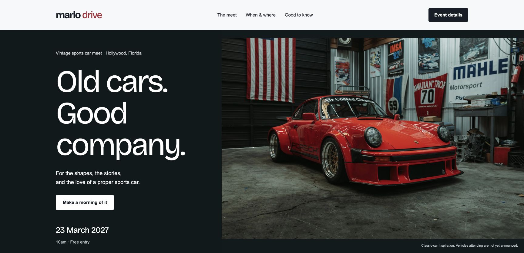 MarloDrive vintage sports car meet website with a classic red Porsche