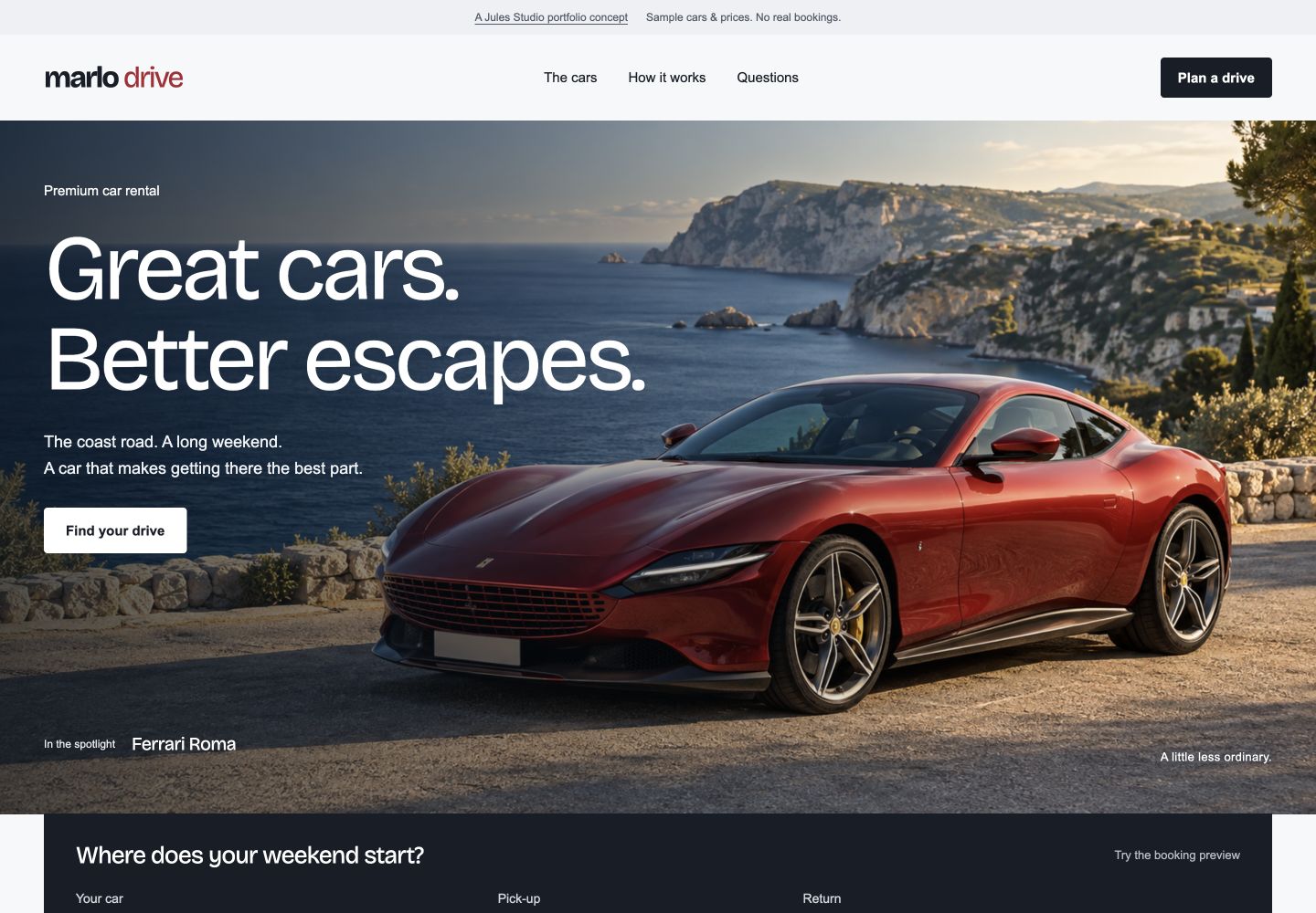 Marlo Drive car rental landing page with a red Ferrari on a coastal road
